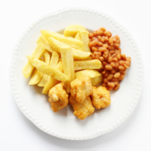 chicken nuggets chips and beans